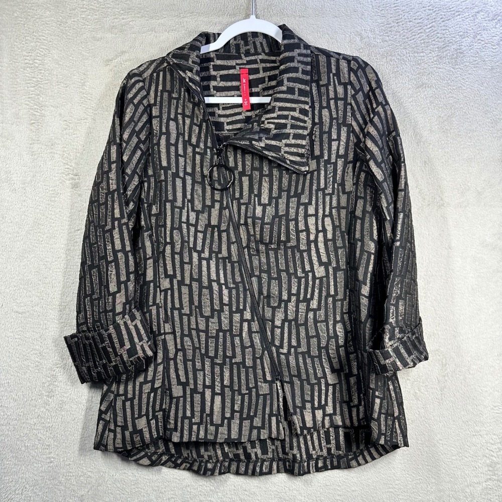 IC by Connie K Jacket Women's M Bronze Black Asymmetric Zip Geometric Art Wear